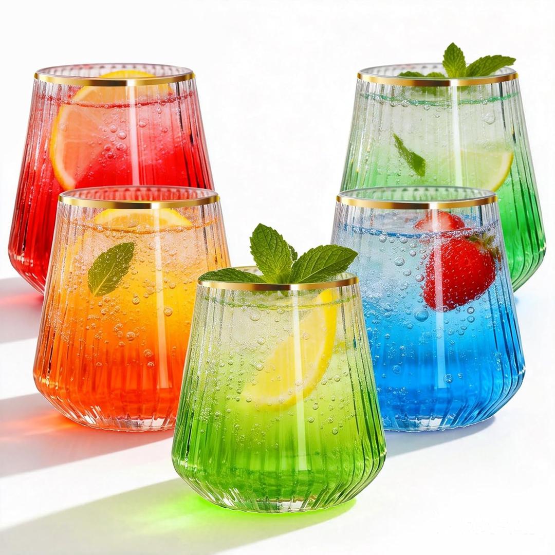 N9R 24 Count 14oz Clear Plastic Wine Cups with Gold Rim - Elegant Origami Ripple Design, Shatterproof & Disposable for Whiskey, Cocktail, Champagne, Parties, Weddings, Events