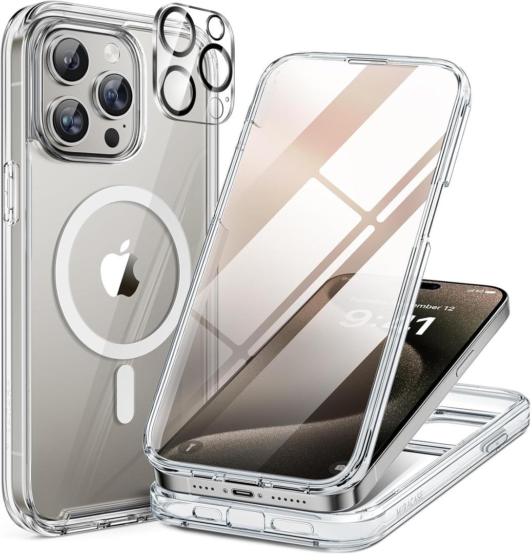 Miracase Magnetic for iPhone 15 Pro Max Case 6.7'' [Compatible with Magsafe] Full-Body Drop Proof Bumper Phone Case for iPhone 15 Pro Max with Built-in 9H Tempered Glass Screen Protector,Clear