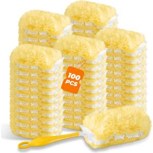 Duster Refills Compatible with Swiffer Duster Handles, 100 Count, 1 Handle | Heavy Duty Fluffy Microfiber,Disposable Dusting Pads for Cleaning Blinds, Fans, Furniture, Shelves, Unscented,Yellow