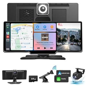 Wireless Carplay Screen for Car, 10.26" HD Touchscreen with 4K Dash Cam Portable Carplay & Android Auto Car Stereo with Backup Camera, GPS Navigation Mirror Link, Bluetooth, FM, Siri