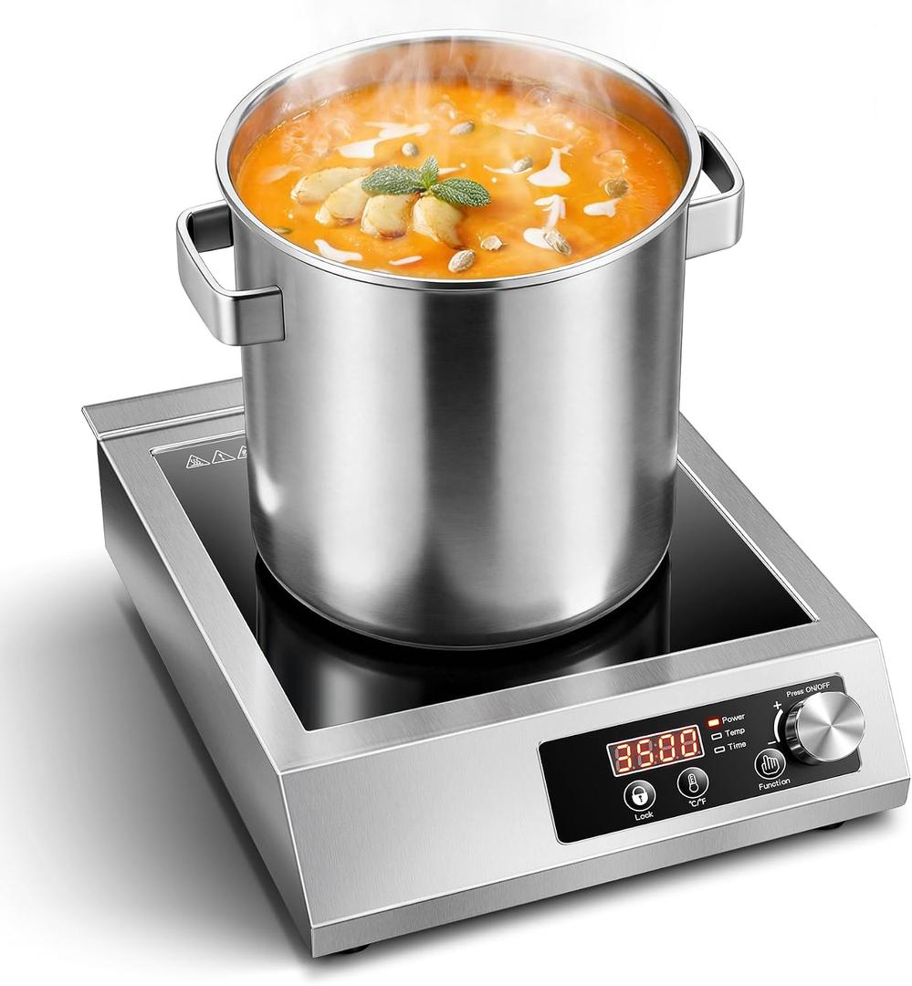 3500W Commercial Induction Cooktop with Knob & LCD Display – 10-Level Precise Power Control, Quiet Cooling System for Home Chef, Catering & Outdoor Cooking