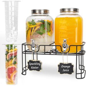Glass Drink Dispensers For Parties, 2 PACK 1 Gallon Beverage Dispenser With Stand And Spigot Leak proof. Lemonade Dispenser With Ice Cylinder and Chalk board