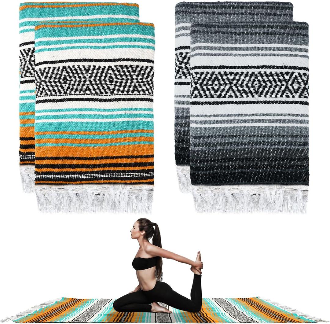 Preboun 4 Pcs Large Mexican Yoga Blanket Pack 45 x 70 Inch Thick Woven Camping Picnic Beach Car Travel Throw Blanket Outdoor Patio Mat Towel (Gray, Orange Green)
