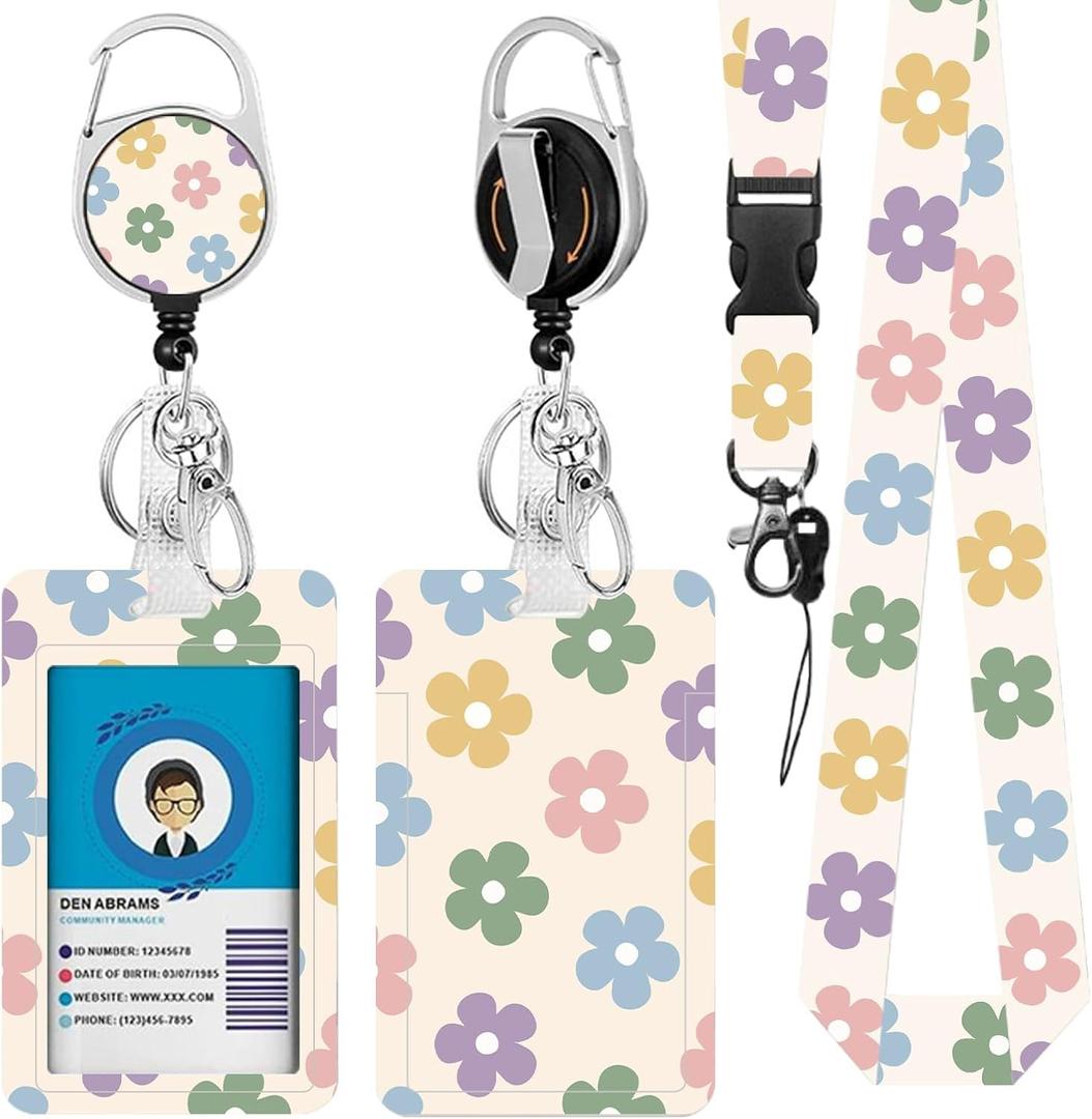 Flower Lanyards for ID Badge, ID Badge Holder with Retractable Reel Clip and Keychain, Vertical Heavy Duty Identity Badge Cover Case Protector for Student Teacher Nurse Women Men