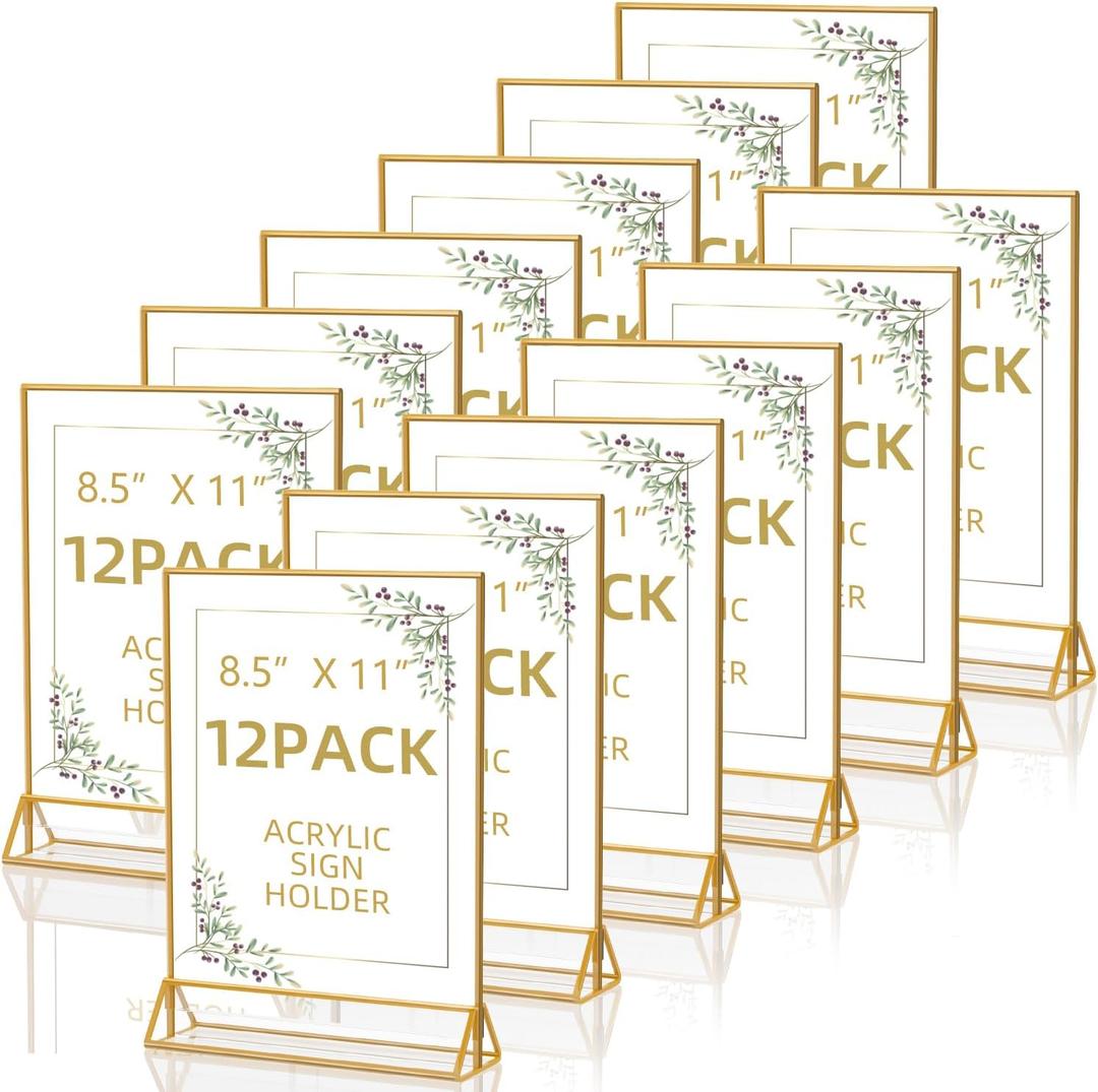 Acrylic Sign Holder 8.5X11 Double Sided Table Flyer Holder , Plastic Acrylic Display Stand for Home Office Shop Restaurant (12pcs) (Gold)