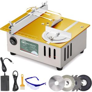 Huanyu Mini Table Saw 96W 9000RPM Hobby Electric Saw 7-Level Speed Adjustable 0-90 Angle 15MM Cutting Depth with Blade Model DIY Crafts Cutting Tool for Precision Cut Metal Wood Plastic Acrylic (Golden)