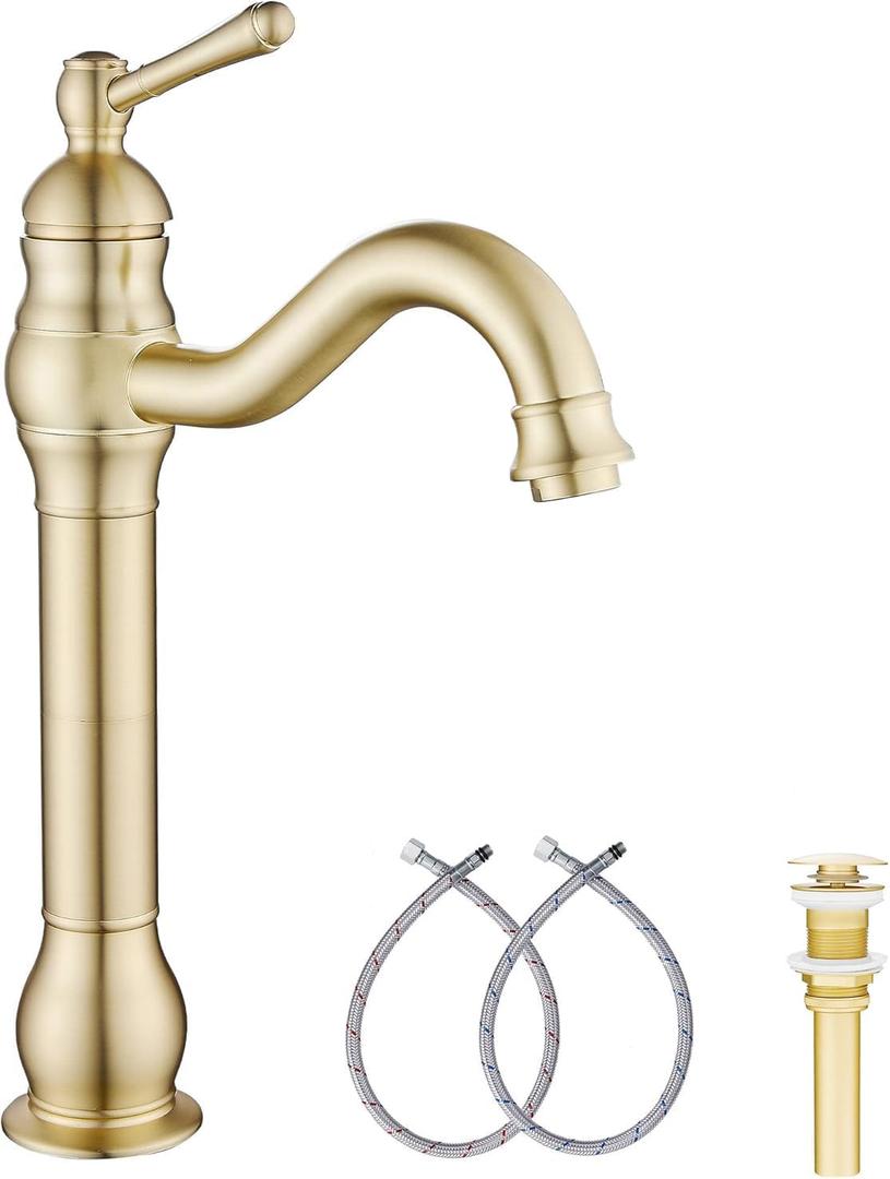 GGStudy 360 Swivel Single-Handle One Hole Vessel Sink Faucet with Matching Pop Up Drain - Brushed Gold Farmhouse Bathroom Vanity Faucet