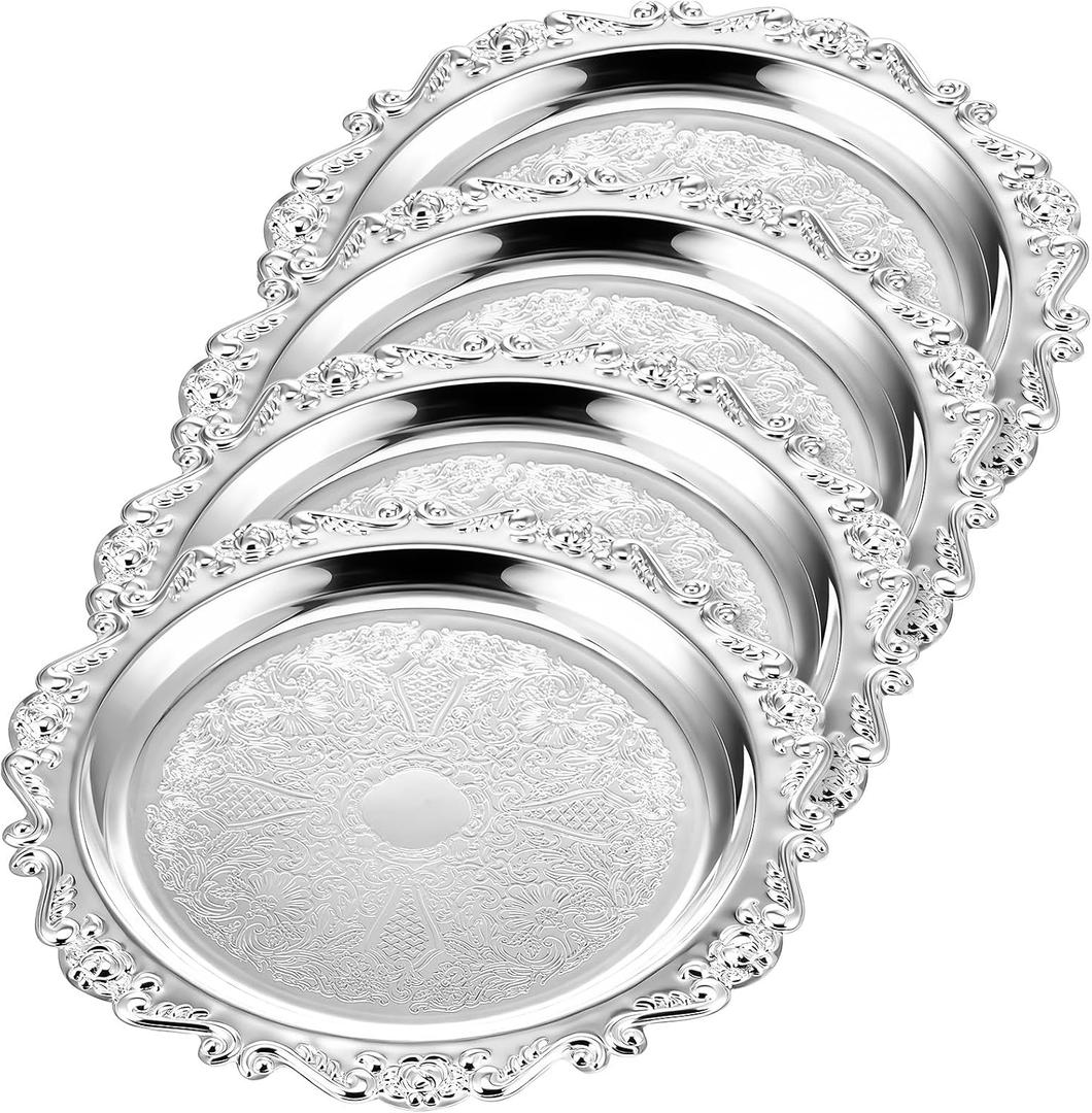 4 Pcs Silver Serving Tray 10-Inch Elegant Vintage Floral Round Metal Plate Silver Platter for Buffet Wedding Party Jewelry Decorative