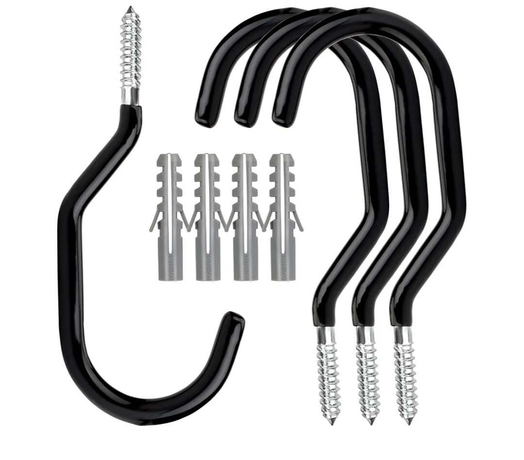 4 Pack Heavy Duty Bike Hooks - Screw in Bike Hangers for Garage Ceiling and Wall - Bicycle Storage and Hanging Wall Mount Hanger Black