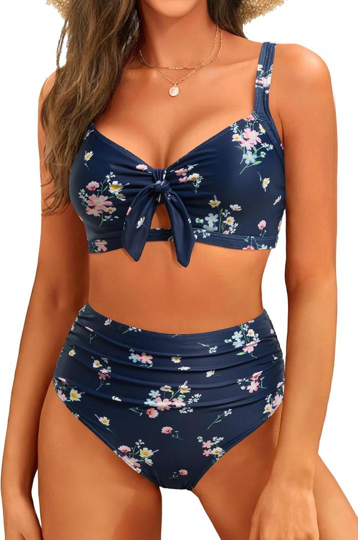 Tempt Me Two Piece Swimsuits - High Waisted Bikini Tummy Control Full Coverage Bathing Suits Ruched Tie Knot Swimwear (X-Large, Navy Floral)