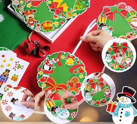 Dianelhall 24 Sets Christmas Picture Frame Craft Kit Xmas Wreath Photo Crafts Christmas Picture Frames Gift with Santa Stickers for Classroom Xmas Holiday Party Activities(Wreath)