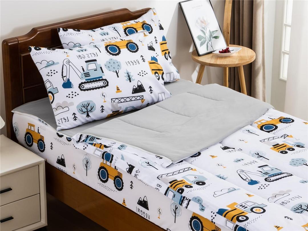 NTBED Construction Truck Printed Zipper Bedding Sets Twin Lightweight Microfiber Forest Car Comforter Sets with Fitted Sheet Pillow Covers,White Grey