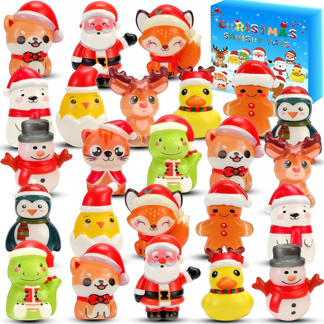 24PCS Christmas Squishy Sensory Toys - Holiday Party Favors for Kids, Stress Relief Fidget Toys for Stocking Stuffers, Goodie Bag Pinata Fillers, Advent Calendar Stuff & Classroom Prizes (Christmas)