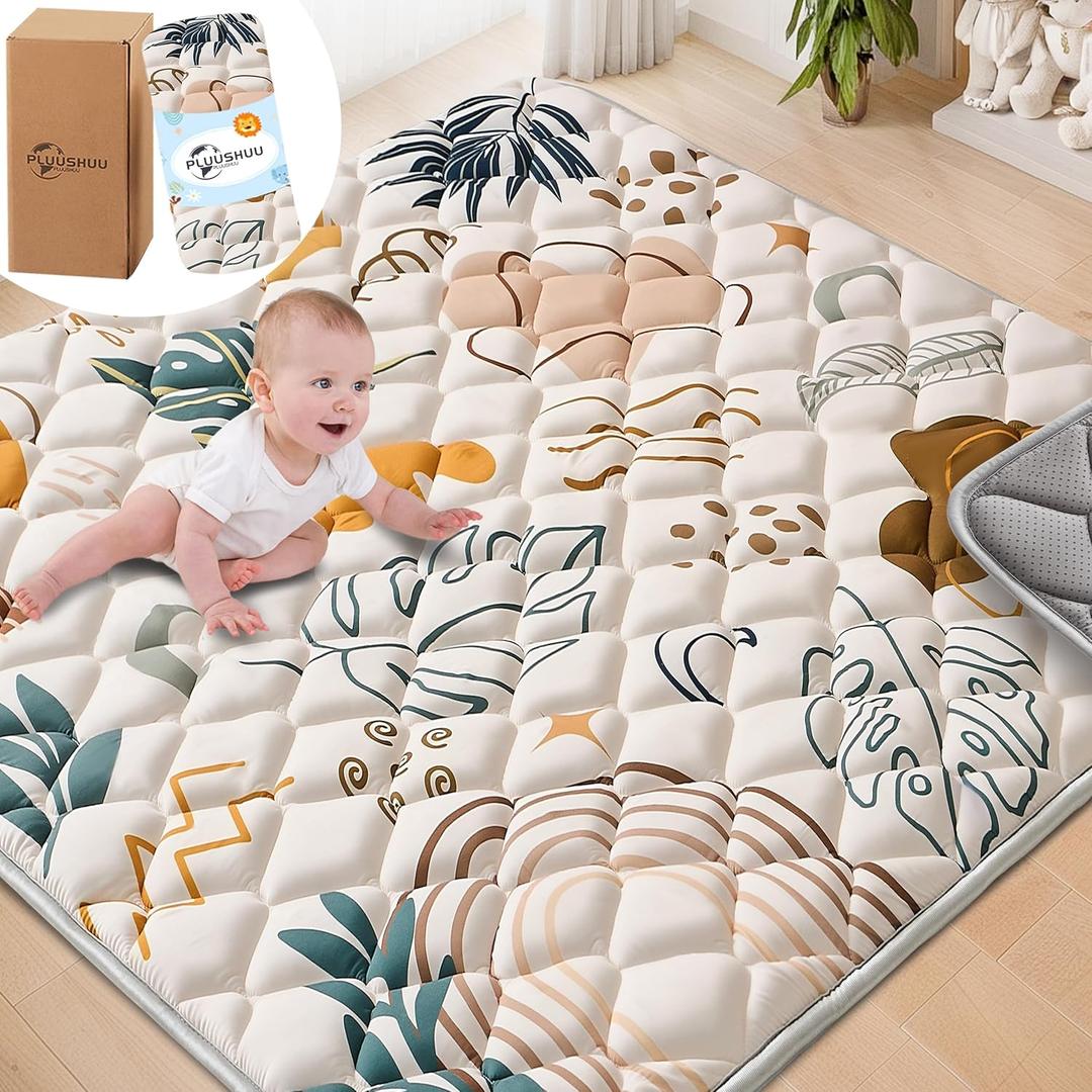 Baby Play Mats for Floor, 50x50 Playpen Mat for Babies, Extra Thicker & Soft Floor Crawling Mat, Foldable Non-Slip Playmat Cushioned for Infants Toddlers, Boho Leaf Style (Brown-b)