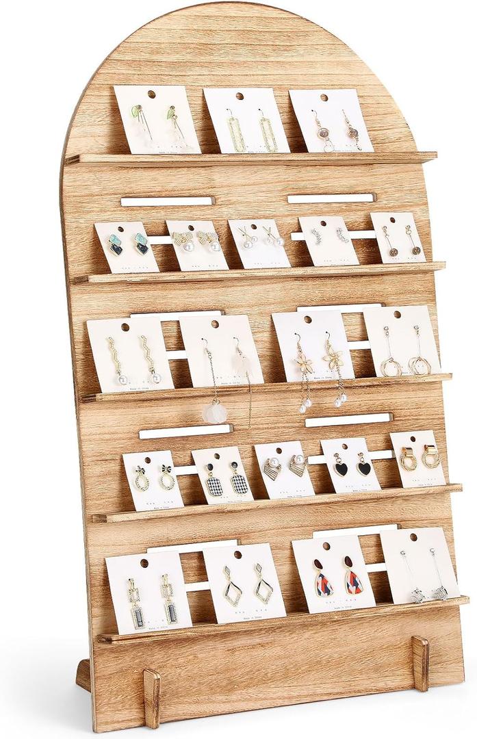 5 Tier Wooden Earring Display for Vendor Arch Jewelry Display Stand Rack with Adjustable Height for Retail Selling (Brown)