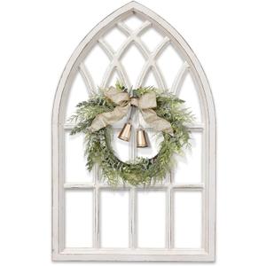 Sintosin Rustic Arched Window Frame 20 x 32 Inch, Hanging Distressed White Window Pane Wall Decor, Farmhouse Window Frame Decor, Wooden Cathedral Window Frames for Wall Decor Living Room Christmas