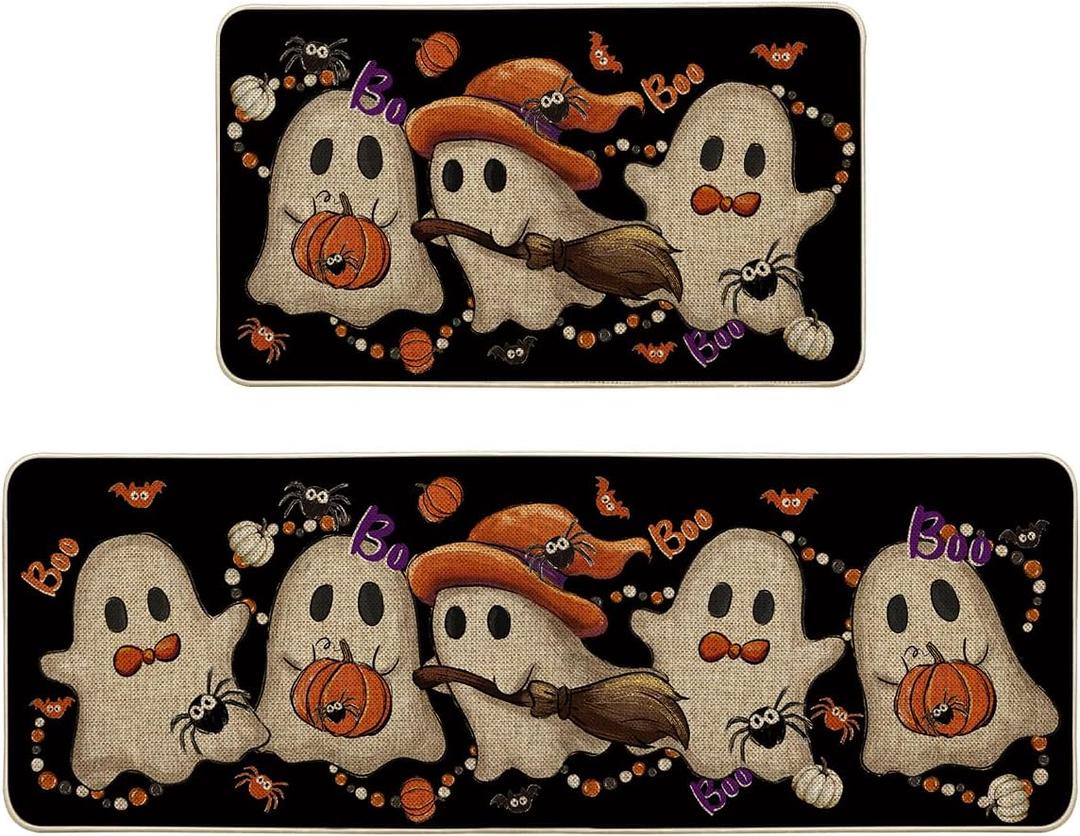Artoid Mode Cute Ghost Boo Halloween Kitchen Mats Set of 2, Low-Profile Home Decor Kitchen Rugs for Floor - 17x29 and 17x47 Inch