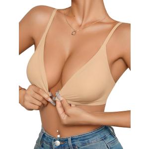 COZYEASE Women's Seamless Bra Front Closure Wireless Bras Spaghetti Strap Triangle Bralette with Padding, Khaki, Small