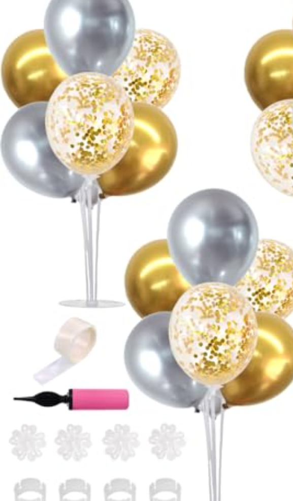 TONIFUL 2 Table Centerpiece Balloon Stand Kit Include Silver Gold Latex Confetti Balloons for 2025 Graduation,New Years 2025,Birthday,Retirement, Christmas, Anniversary Table Party Decoration