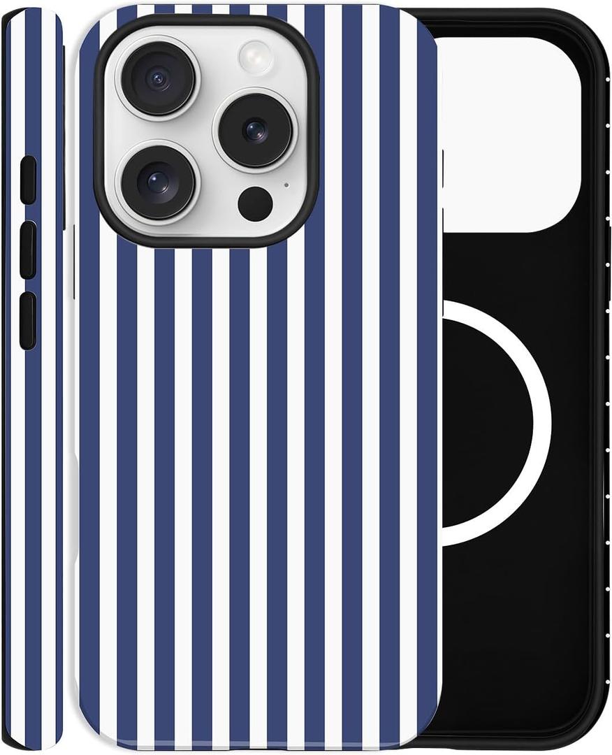 Magnetic Case for iPhone 12/12 Pro, Compatible with MagSafe, Aesthetic Striped Cute Design for Women, Hybrid 2-Layer Hard Shell Phone Cover, Deep Blue