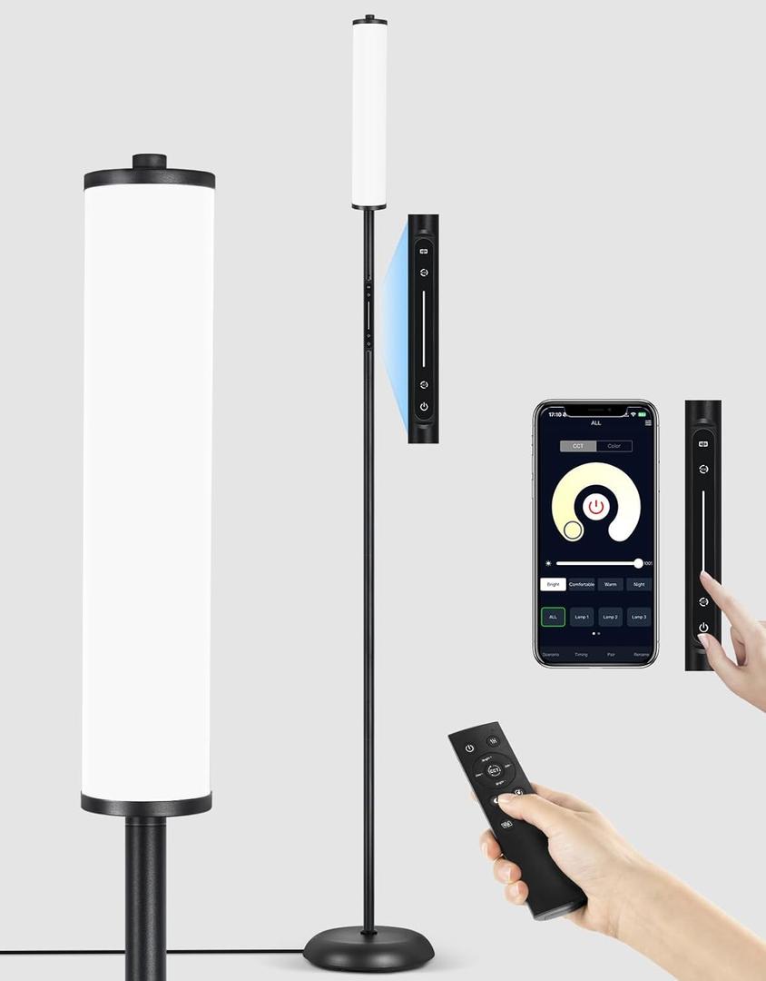 OUTON Bright Smart Floor Lamp with Remote, App & Touch Control, RGB Color Changing Standing Lamp, 2200K-6500K Dimmable, 3 Adjustable Heights, 32 Scenes for Living Room Bedroom Office Black