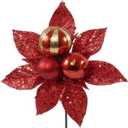 16 Pcs Glitter Christmas Ball Picks 7.87 Inch Red and Gold Poinsettia Ball Ornament Picks for Christmas Tree Decor Plastic Xmas Ornament Pick for DIY Crafts Xmas Vase Fillers Wreath Decor