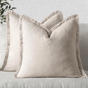 MIULEE Christmas Decorative Throw Pillow Covers Neutral Linen Fringe Throw Pillows Euro Shams Set of 2 Natural Beige Boho Farmhouse Cushion Covers for Couch Sofa Bed Living Room Home Decor 24x24 Inch