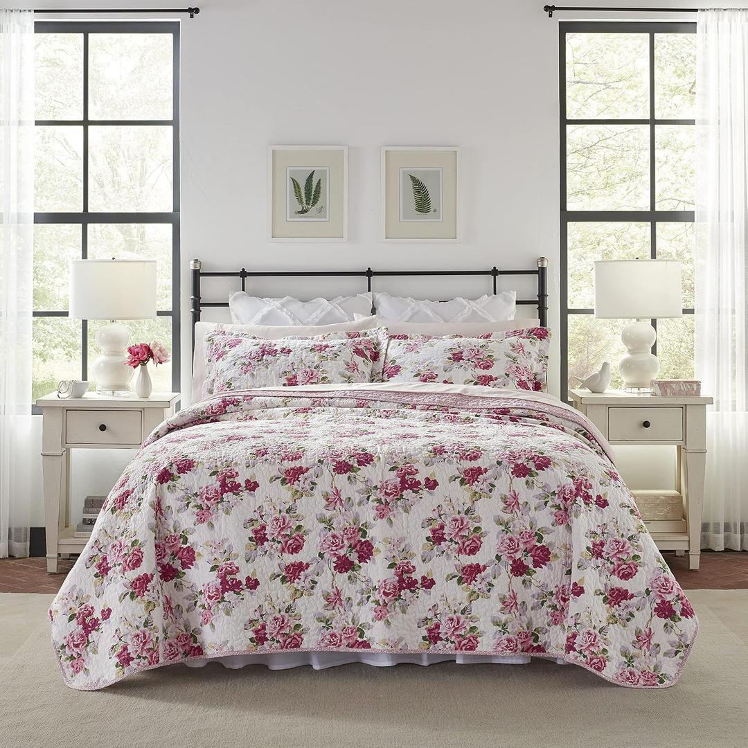 Laura Ashley - Twin Quilt Set, Reversible Cotton Bedding with Matching Sham, Lightweight Home Decor for All Seasons (Lidia Pink, Twin)