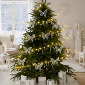 Soulchen 20 ft Christmas Tree Ice Wire Clear Garland with 12 Pcs Butterflies, Bead Acrylic String Crystal Garland Strands for Xmas Tree Wedding Birthday Party Decoration