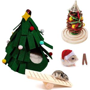 GreenJoy 5 Pcs Hamster Set Chew Toys Tree Wooden Seesaw Habitat Dcor Cloth Christmas Hat for Small Animal Chinchillas, Bunny,Mice,Rats,Mouse (Christmas Set)