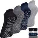 unenow Unisex Non Slip Grip Socks with Cushion for Yoga Pilates Barre Home & Hospital (Large, 4 Pairs-black/Blue/Light Grey/Dark Grey)