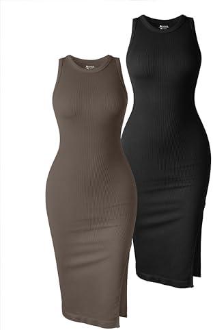 OQQ Women's 2 Piece Dress Sexy Ribbed Halter Neck Fashion Split Tank Tops Dresses, Size S,M