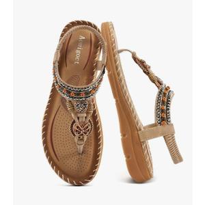 Aomigoct Sandals Women Flat Shoes: Dressy Summer Bohemian Flats Shoes for Women Sandals Comfortable Ankle Strap Outdoor Walking 12in