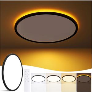 11 Inch Flush Mount Ceiling Light with Night Light, 24W 2400LM, Dimmable LED Ceiling Lights Fixture with Remote Control, 3000K/4000K/6500K Selectable, Slim Bright Bedroom Light Fixture, Round Black