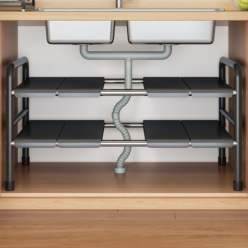 Under Sink Organizer, 2-Tier Expandable Stainless Steel Storage Rack with Removable Panels, Waterproof Anti-Slip Cabinet Shelf for Kitchen, Bathroom & Laundry