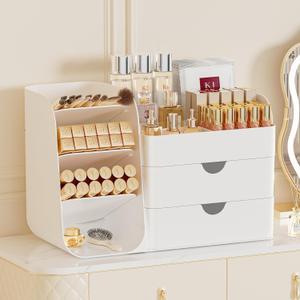 Makeup Organizer with Drawers, Large Capacity Countertop Organizer for Vanity, Bathroom and Bedroom Desk Cosmetics Organizer, Easy To Storage Skincare, Brushes, Eyeshadow, Lipstick (All White, Large)