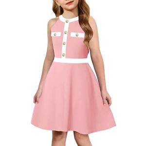 HOSIKA Girls Summer Halter Neck Sleeveless Elegant Button Front Casual A-line Flared Dress for 10-11 Years