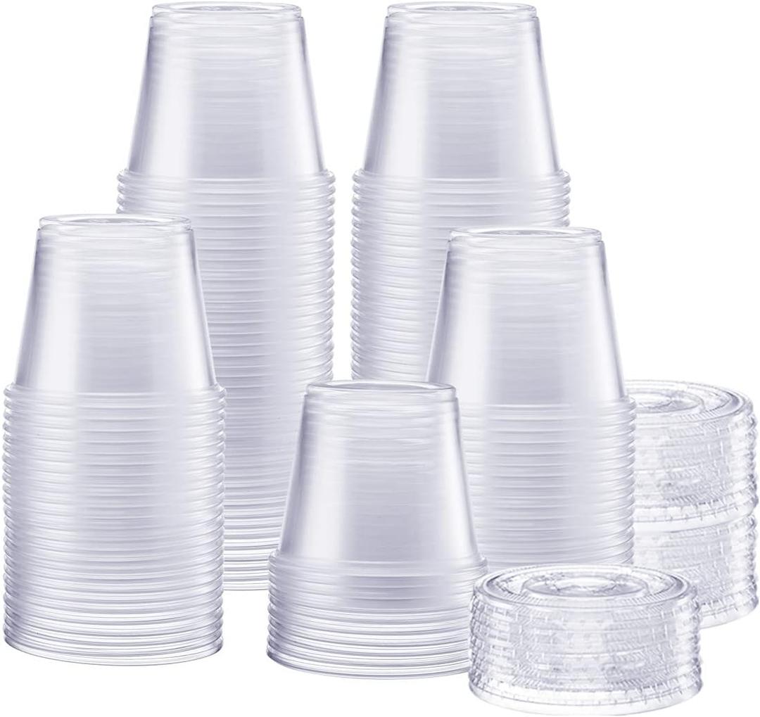 GUSTO [5.5 oz. - 200 Count Clear Disposable Plastic Portion Cups with Lids - Souffl Cups, Jello Shot Cups With Lids, Clear Plastic Containers Perfect for salad Dressing and More