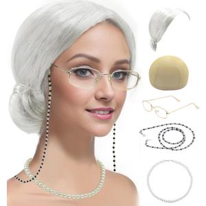 Old Lady Costume Set Grandma Wig Cap Madea Granny Glasses Eyeglass Chains Cords Faux Pearl Bead Necklace Cosplay Set 5 Pieces (Base Size, silver white bun)
