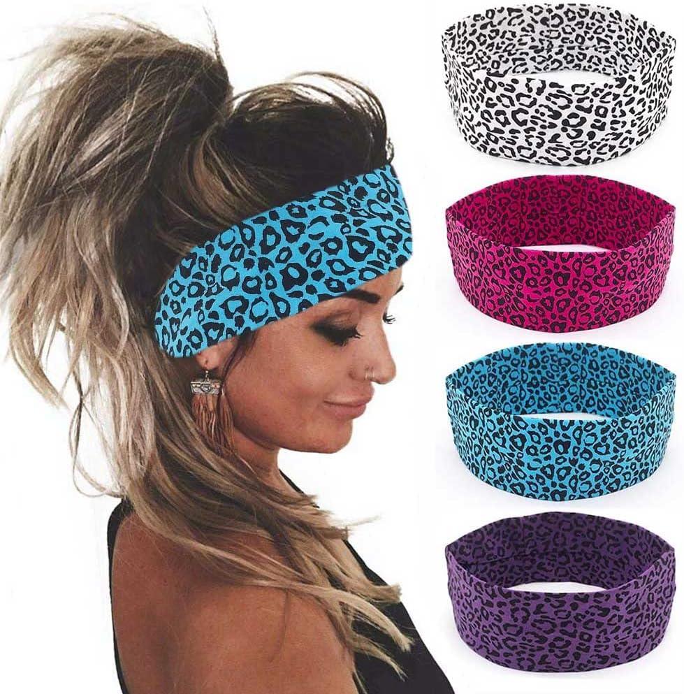 DRESBE Boho Yoga Headbands Leopard Print Hair Bands Stretchy Head Wraps Elastic Hair Accessories for Women (Pack of 4)