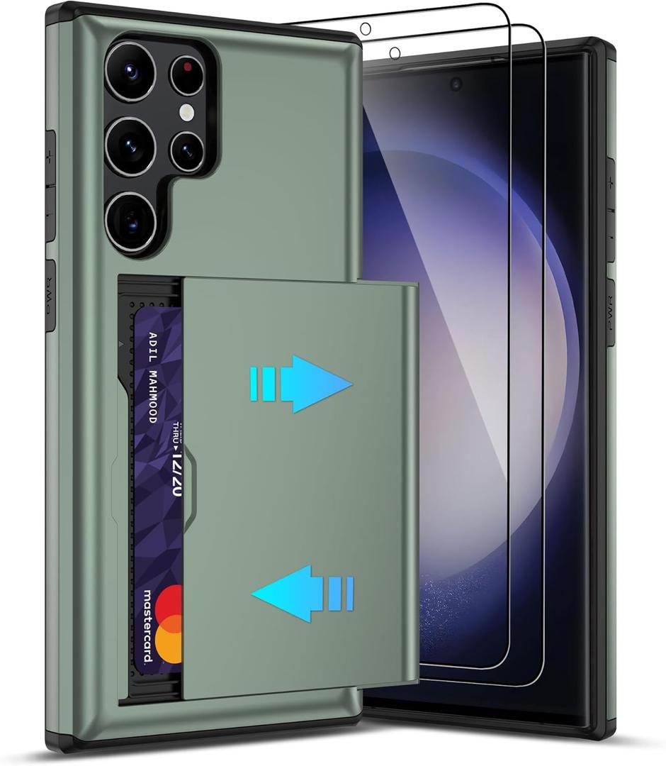 Pilaru for Samsung Galaxy S23 Ultra Case with Card Holder and (2 Pcs) HD Screen Protector, Slim Heavy Duty Dual Layer Shockproof Design & Hidden Card Slot Wallet Case for S23 Ultra 5G-Green