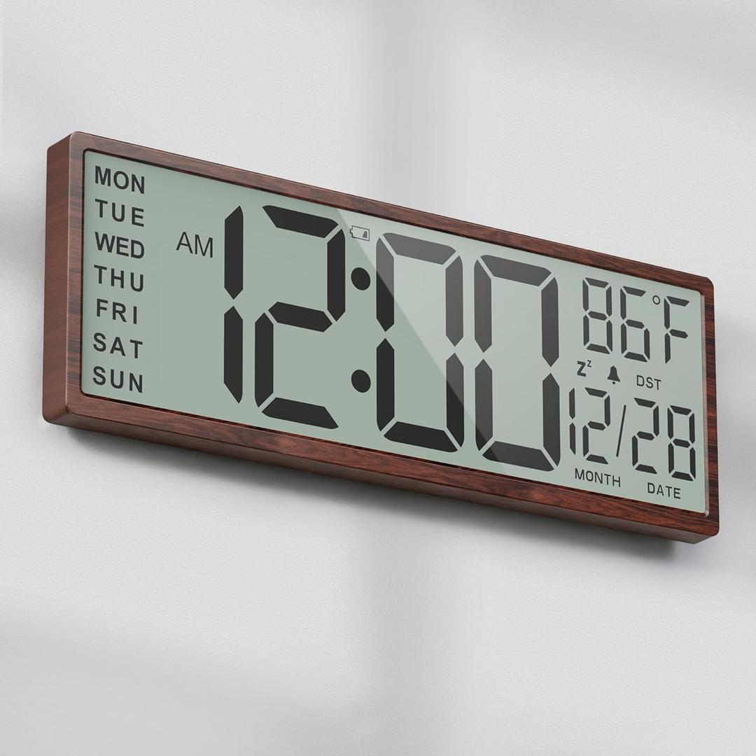 Digital Wood Wall Clock with Battery Operated, 15" Digital Clock Large Display with Date and Day of Week, Large Number with Temperature, Auto DST, Alarm, Snooze, 12/24-hour for Desk Office