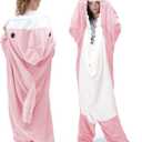 Touchat Shark Blanket Hoodie Onesie, Wearable Blankets Hoodie Adult, Warm Flannel Throw Blanket Tail Sleeping Bag, Cartoon Costume Shark Onesie Funny Gifts for Adults (Pink,M) (M: for 59-63 Inch Height)