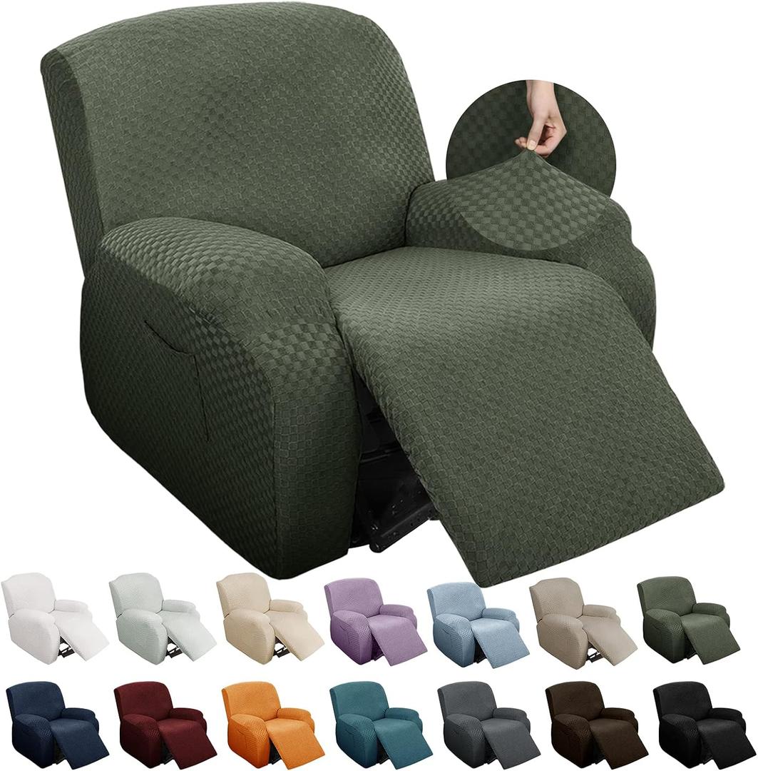 YEMYHOM 4 Pieces Stretch Recliner Slipcover Latest Jacquard Recliner Chair Cover with Side Pocket Anti-Slip Fitted Recliner Cover Couch Furniture Protector with Elastic Bottom (Recliner, Army Green) (1 Seater)