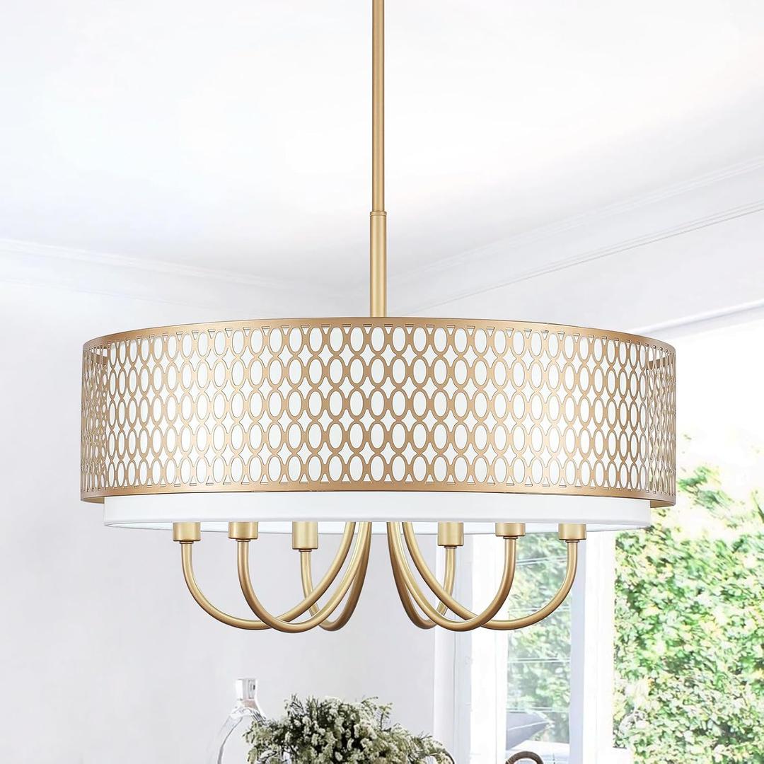 Durm Chandeliers for Dining Room 6 Lights 21.65" Large Farmhouse Gold Chandelier with Fabric Shades Hanging Light Fixture Drum Pendant Lighting for Kitchen Island Dining Room Bedroom Living Room Foyer