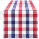 PurpleEssences 4th of July Buffalo Plaid Table Runner Classic Farmhouse 100% Cotton Checkered Farmhouse Table Runner for Spring Easter Summer Table Decor - 14 x 54 inch - Red Blue White