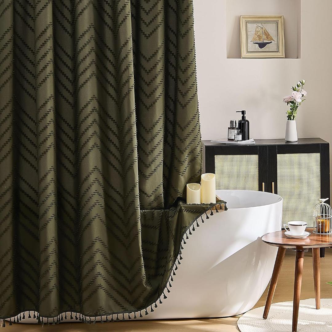 Boho Extra Long Olive Green Shower Curtain with Tassel, Woven Fabric, Tufted Chevron Striped, 72 x 78, Modern Chic Textured Minimalist
