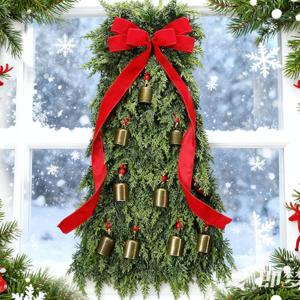 27.6" Christmas Swag for Front Door Large Christmas Teardrop Wreath with Red Bow Bells Xmas Swag Artificial Faux Pine Wreath Xmas Tree Farmhouse Decor for Winter Holiday Door Window Wall
