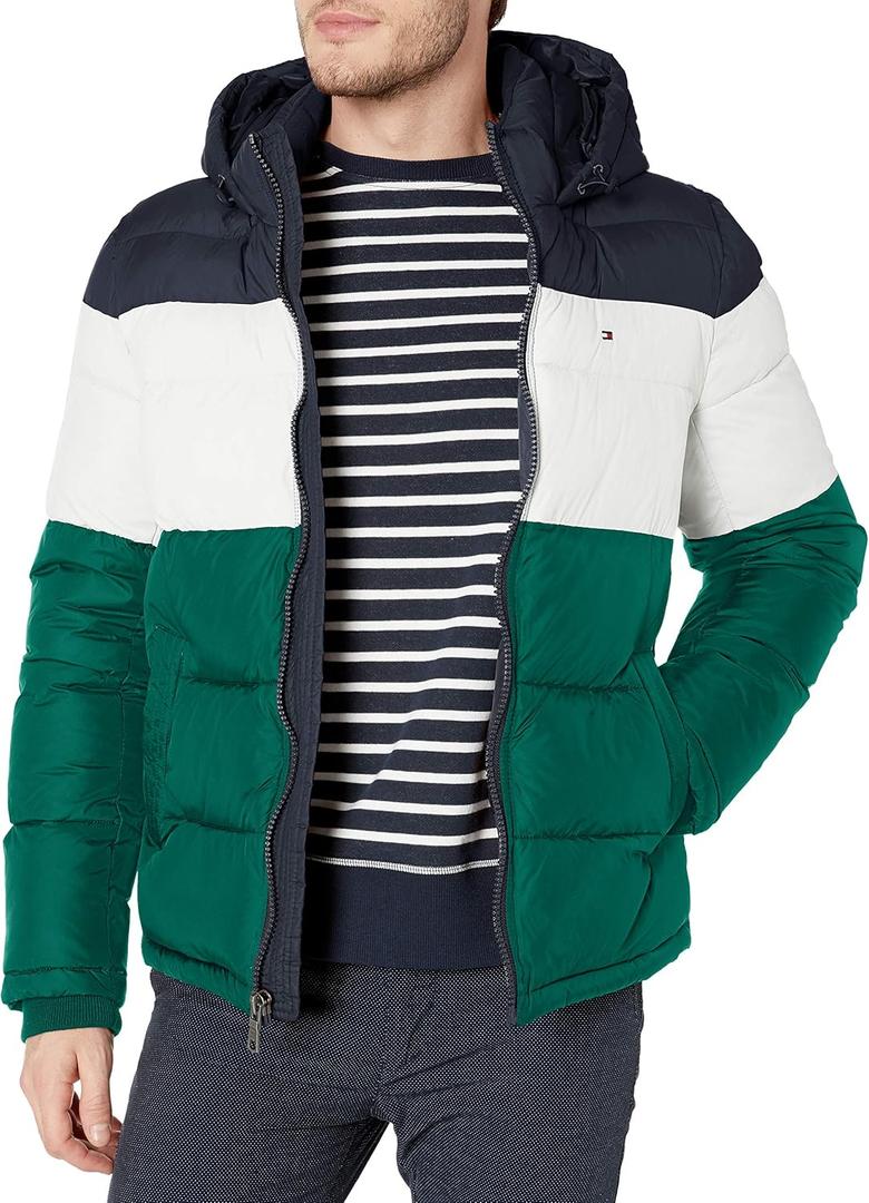 Tommy Hilfiger Men's Down Alternative Hooded Puffer Jacket (Standard and Big & Tall) (XX-Large, Green Color Block)