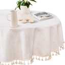 MYSKY HOME Table Cloth 60 in Round Cotton Tablecloth, Heavy Duty Linen Look Waterproof Tablecloths Farmhouse Tablecloth, Soft and Wrinkle Free Table Cover with Beige Tassels for Kitchen Dining, Party